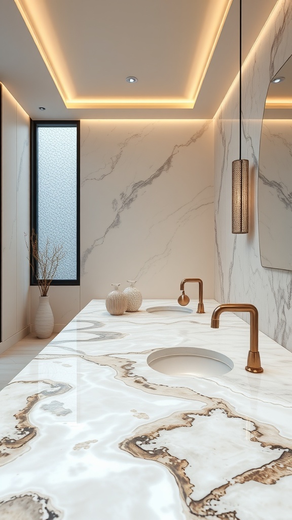 A luxurious bathroom countertop made of onyx with bronze fixtures and warm lighting.