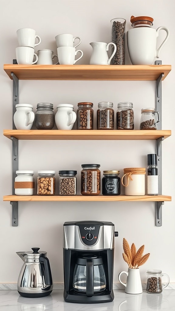 An organized coffee station with open shelving displaying mugs, jars of coffee beans, and decorative items