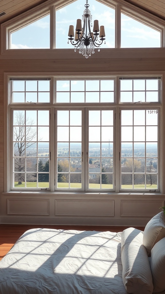 A bright bedroom with large windows overlooking a scenic outdoor view, featuring a chandelier and soft bedding.