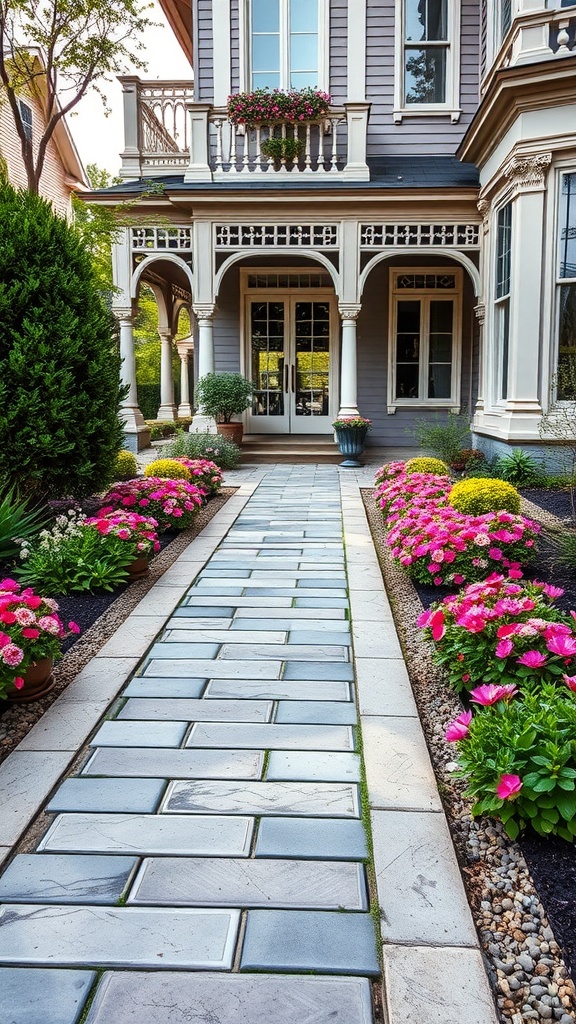 A scenic Victorian front garden featuring a stone paver pathway lined with vibrant flowers.