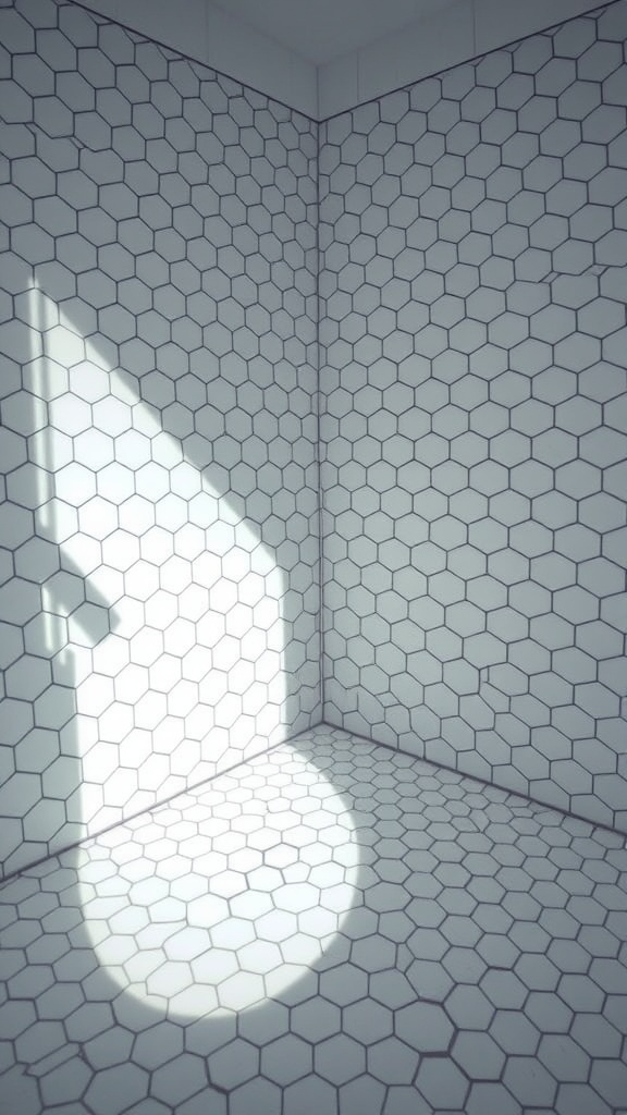 A bathroom corner featuring hexagon tiles on the floor and walls, with light casting shadows.