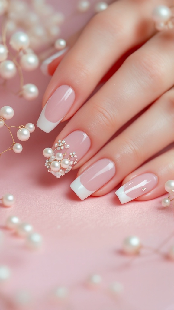 Close-up of bridal nails featuring classic French tips with pearl and rhinestone accents.