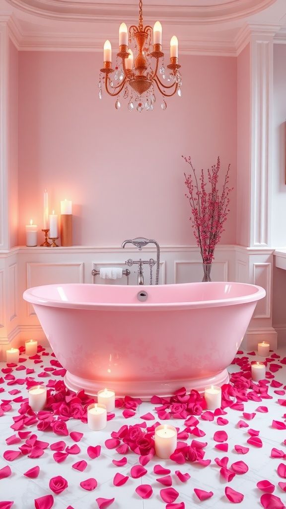 A luxurious pink bathtub surrounded by rose petals and candles in a softly lit bathroom.
