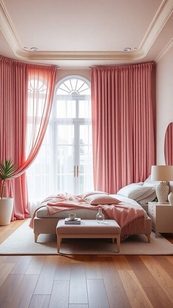 A cozy bedroom featuring elegant pink curtains framing a window, with a bed and soft decor.