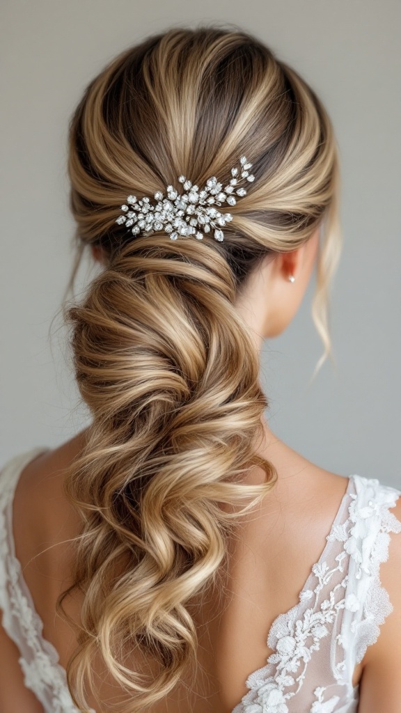 A close-up of a beautiful ponytail hairstyle adorned with crystal accents, featuring soft curls and a polished top.
