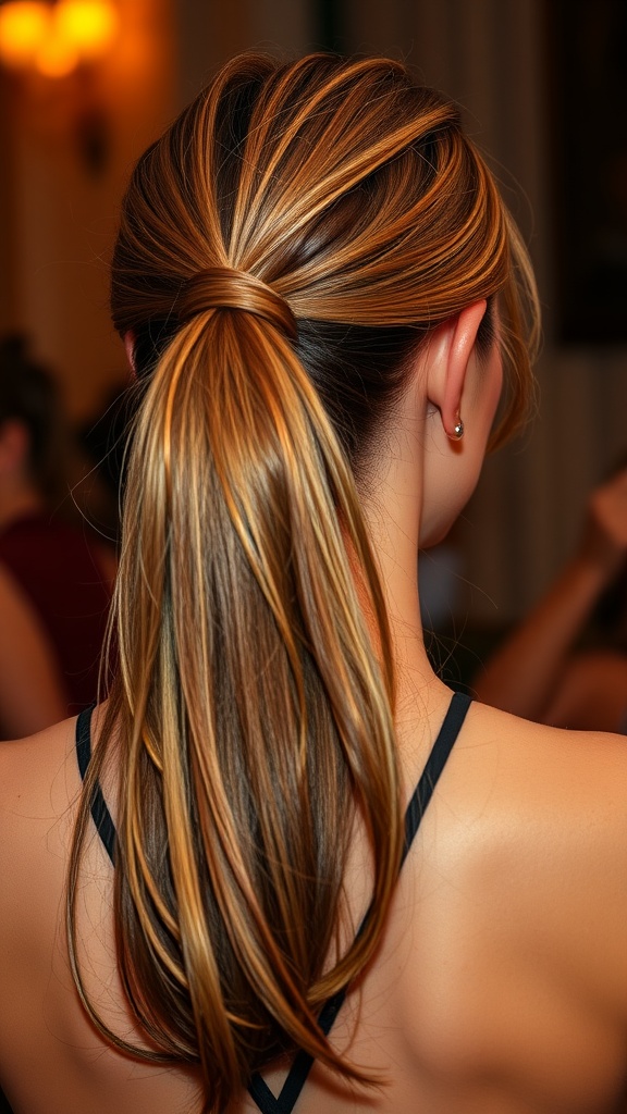 An elegant ponytail hairstyle with straightened hair, featuring highlights.