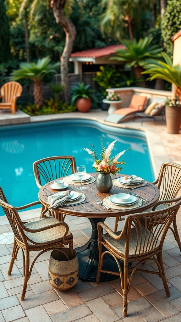 A stylish round dining table set up by a pool surrounded by lush greenery.