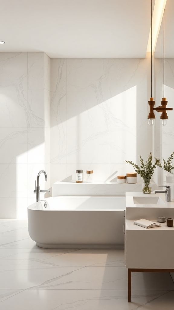 A modern bathroom with large porcelain tiles, a freestanding tub, and minimalist decor.