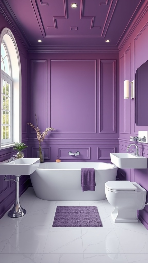 A stylish bathroom featuring purple walls and white fixtures, including a freestanding bathtub and modern sinks.