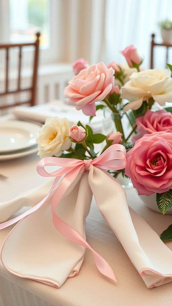 A table setting featuring pink ribbon accents and a bouquet of roses.