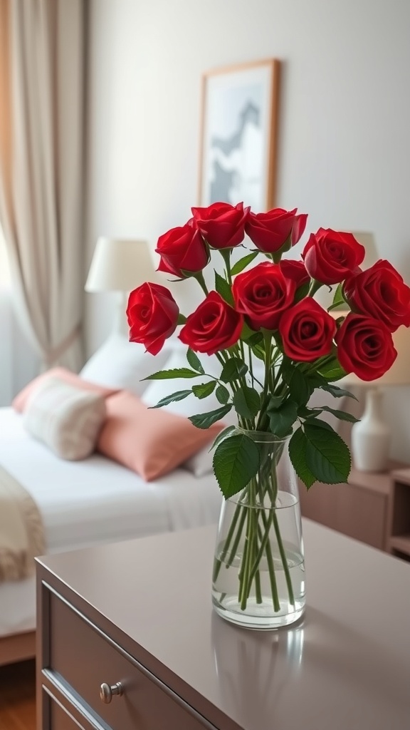 A bouquet of red roses in a clear vase on a nightstand, with a cozy bedroom in the background.