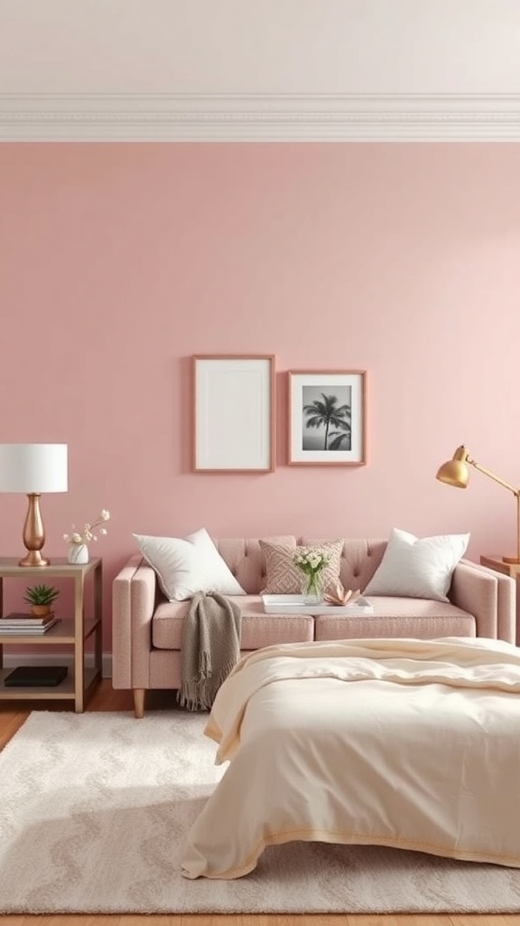 A pink living room featuring a cozy sofa, rose gold decor elements, and soft lighting.