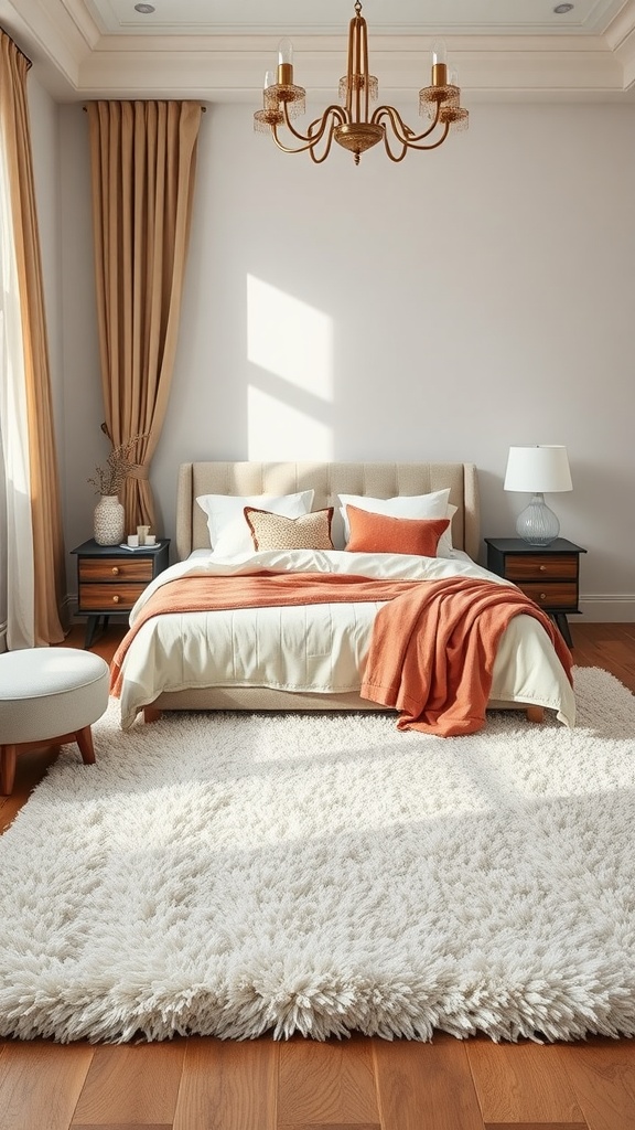 A cozy bedroom featuring a plush white rug, a beige bed, and warm wooden flooring.
