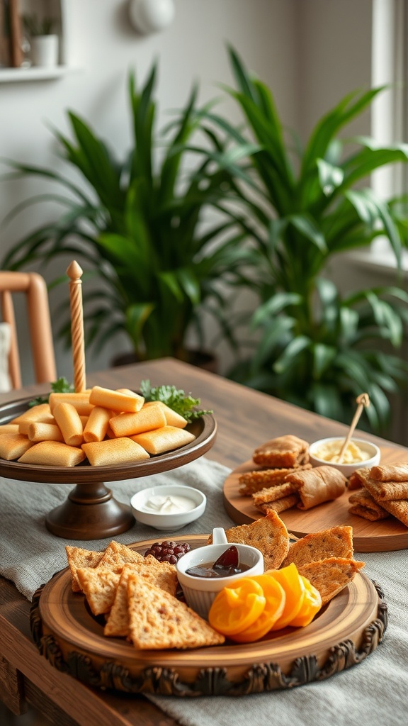 A variety of snacks arranged on elegant serving platters for a baby shower.