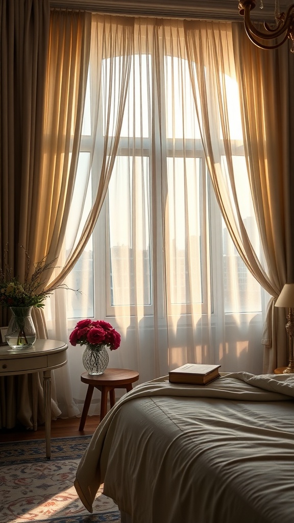 A bedroom with elegant sheer curtains allowing soft light to filter in, a vase of flowers, and a cozy bed.