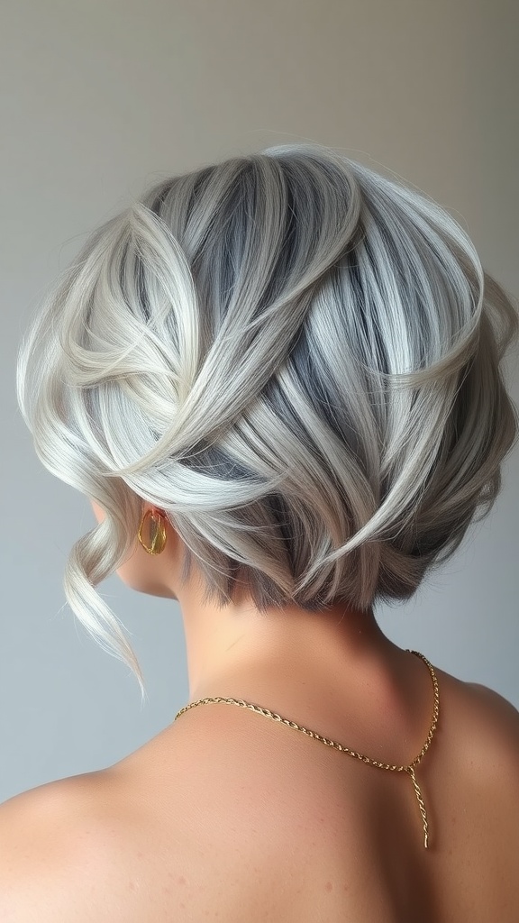 A stylish short bob hairstyle with soft waves, displaying a blend of silver and light tones, suitable for women over 70.