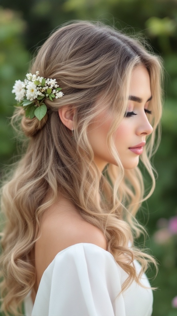 A woman with shoulder-length wavy hair adorned with small white flowers, showcasing an elegant hairstyle.