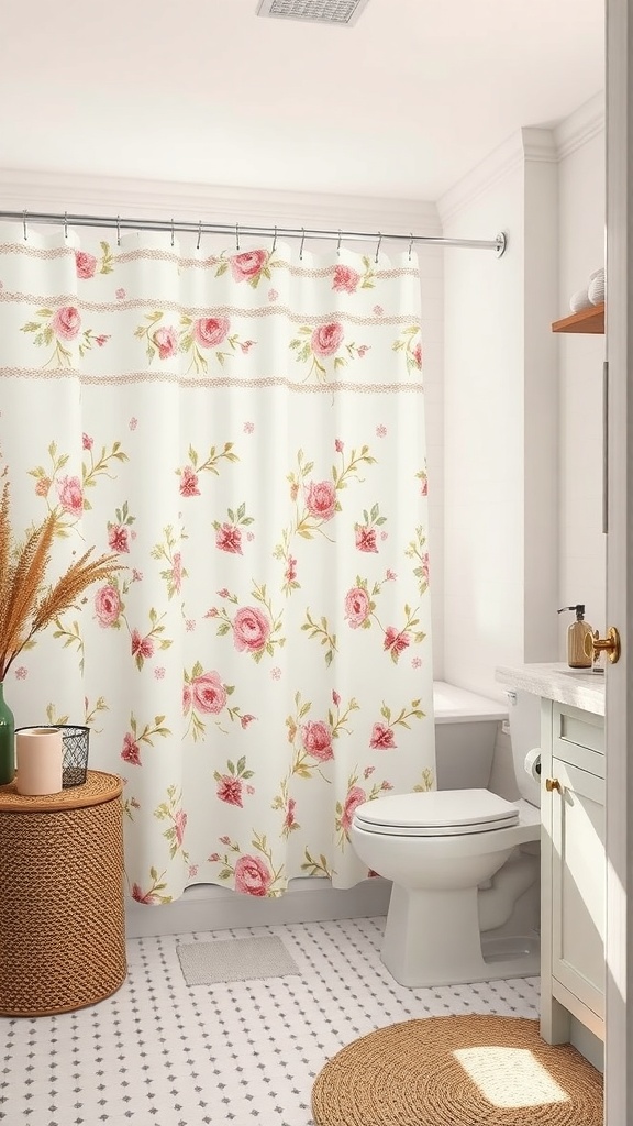Cottage bathroom with floral shower curtain and natural decor.