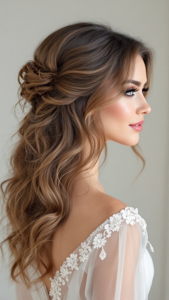 A side profile of a woman with wavy hair styled elegantly to one side, showcasing her shoulder and a delicate floral detail on her outfit.