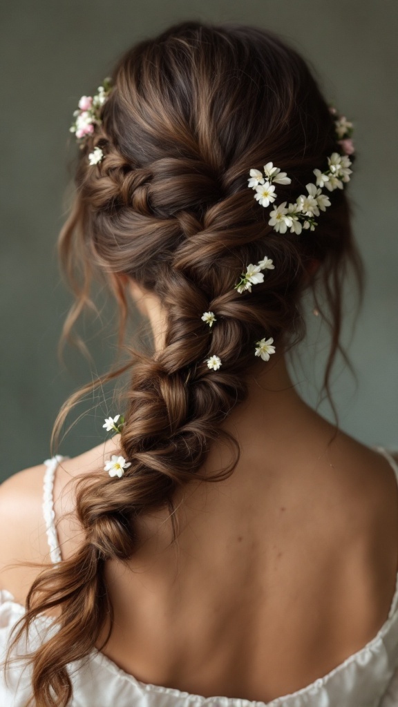 A beautiful side braid hairstyle adorned with flowers