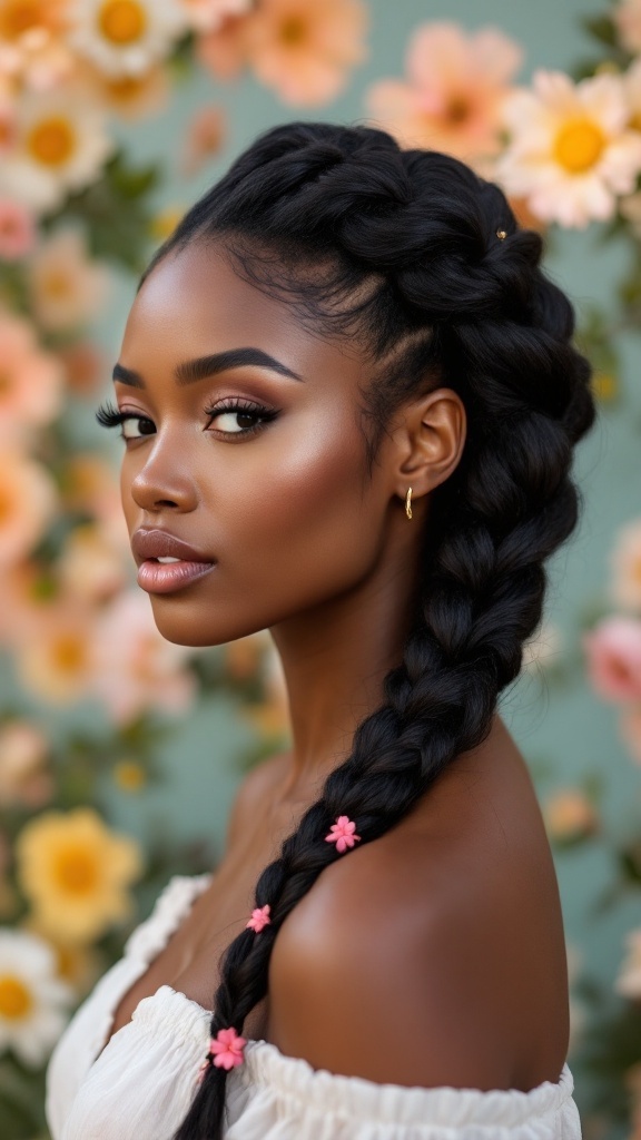 A woman with a side braid adorned with pink flowers, posing against a floral background.