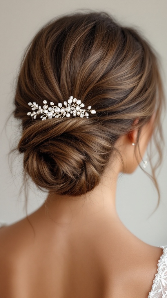 An elegant side bun hairstyle adorned with a sparkly clip, showcasing a chic and sophisticated look.