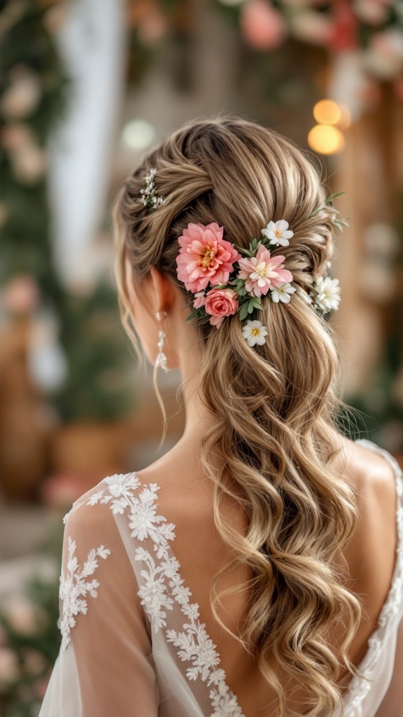 A woman with a side ponytail adorned with pink and white flowers, showcasing a delicate and elegant hairstyle.