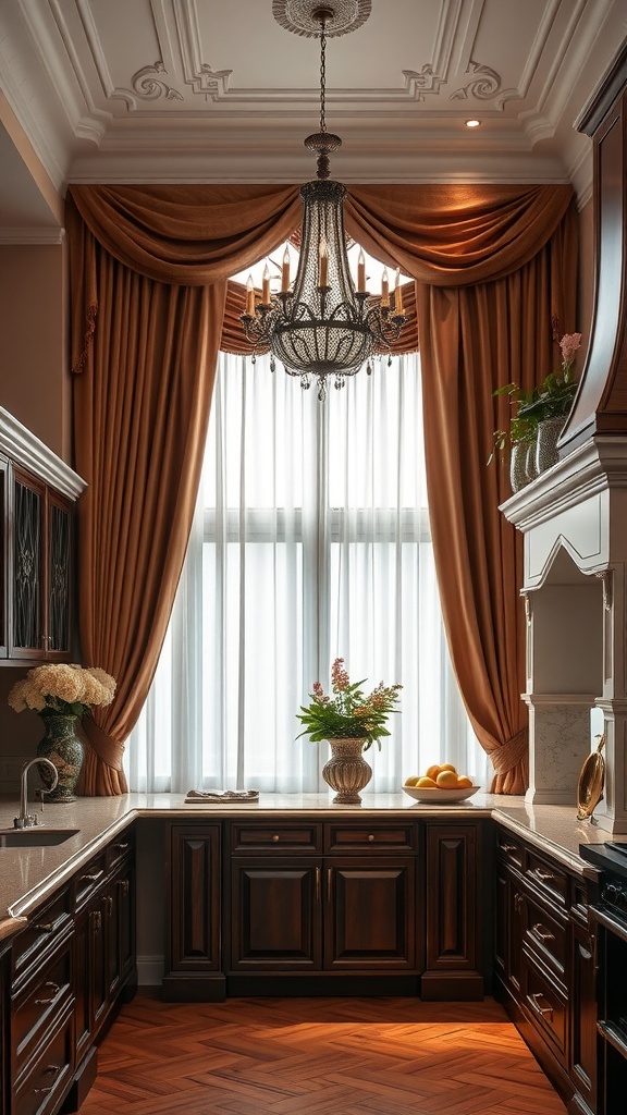 A kitchen with elegant silk drapes, featuring dark wooden cabinets and a chandelier.