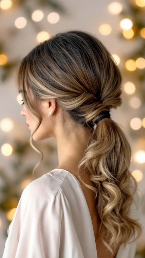 A woman with a sleek ponytail hairstyle featuring soft curls at the ends, wearing a light-colored top.