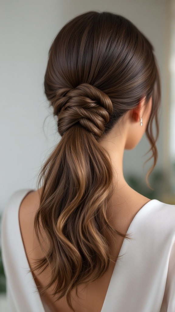 Elegant sleek ponytail hairstyle with a twist, showcasing smooth and shiny hair.