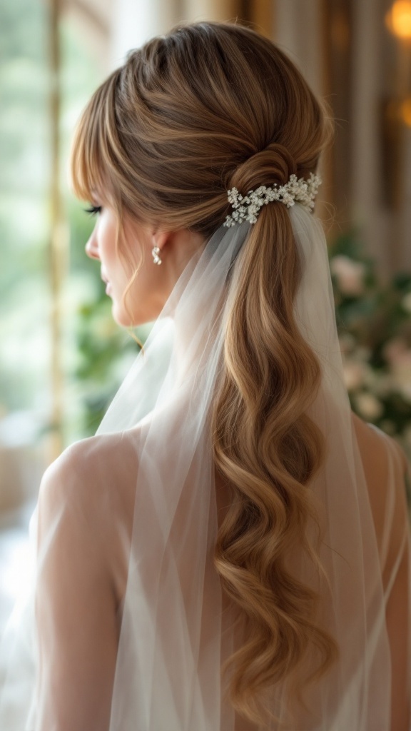 A woman with a smooth ponytail and long bangs, adorned with a delicate hair accessory and veil.