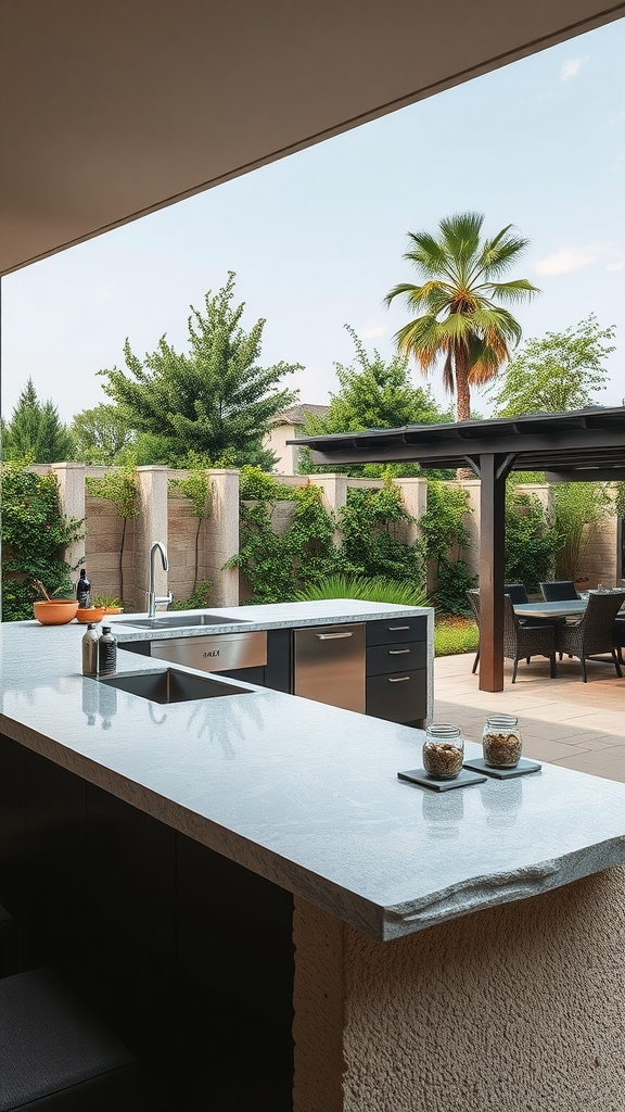 Outdoor kitchen featuring elegant stone countertops, a sink, and a view of lush landscaping.