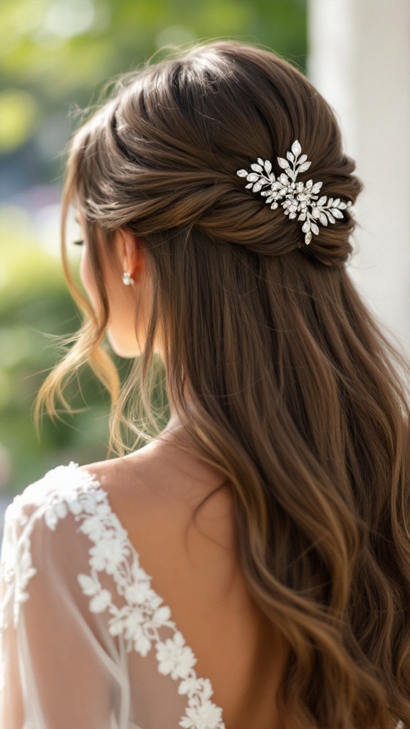 Elegant bridesmaid hairstyle with straight hair and a decorative hair accessory