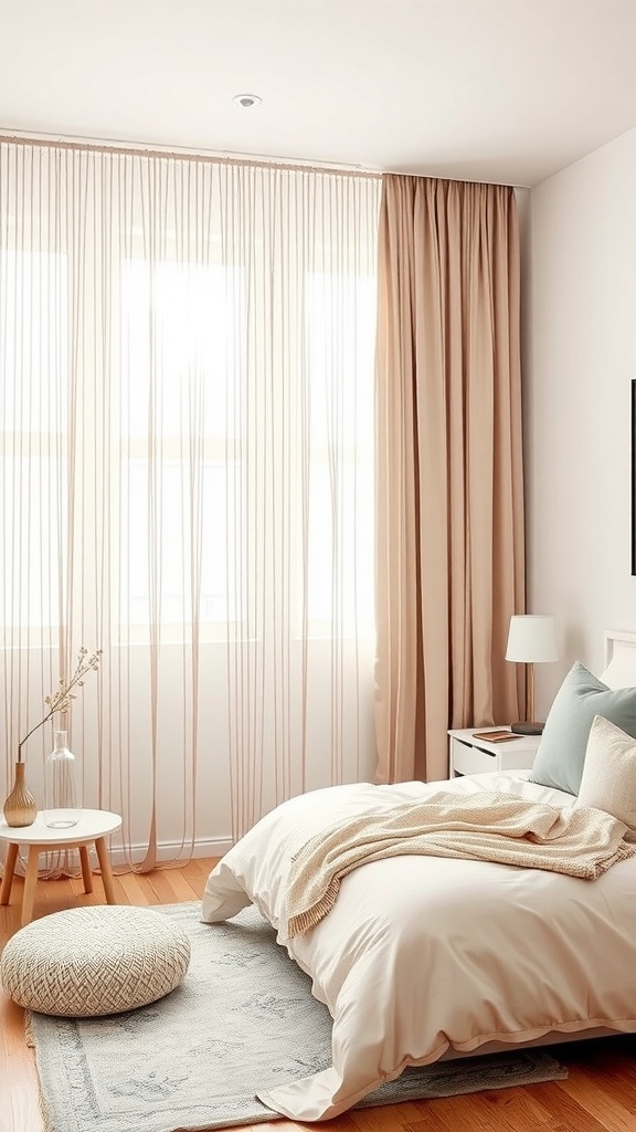 A soft girl bedroom featuring string curtain dividers, light colors, and cozy furniture.