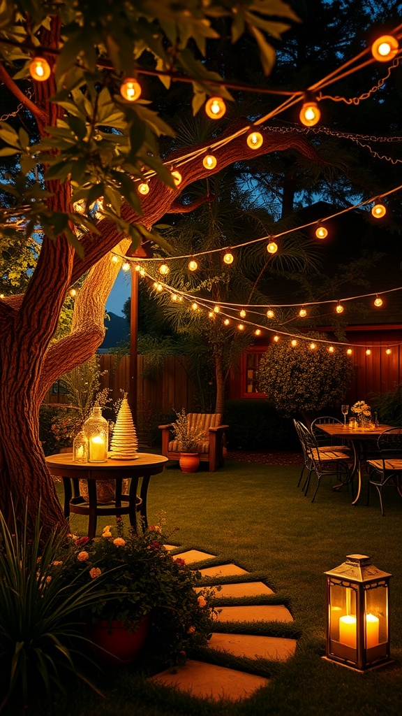 Backyard decorated with string lights, lanterns, and a cozy seating area for a baby shower.