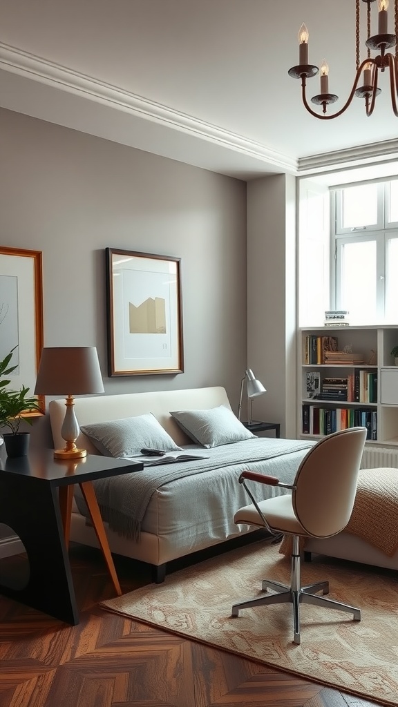 A cozy bedroom with a bed, stylish desk, chair, and bookshelf, creating an elegant study sanctuary.