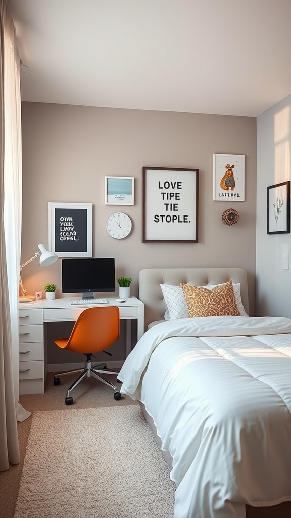 A stylish teen bedroom featuring a study space with a desk, computer, and colorful chair.