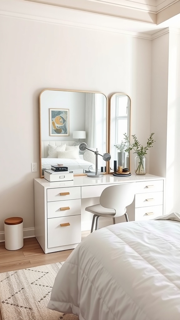 A modern bedroom featuring a white vanity and desk combo with mirrors, a chair, and decorative items.