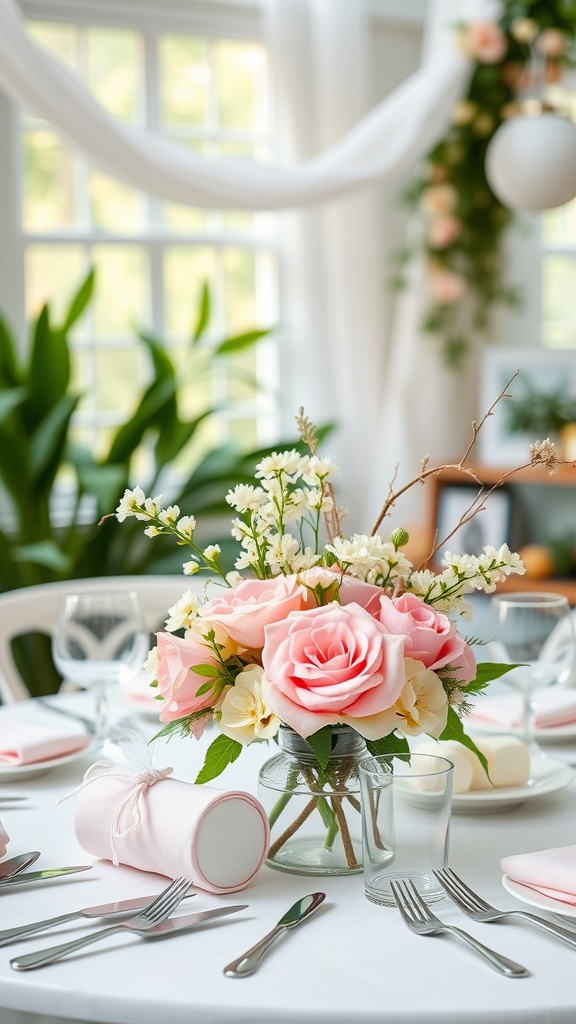 A beautifully arranged table centerpiece featuring pink roses and white flowers in a glass vase, set against a soft and elegant table setting.