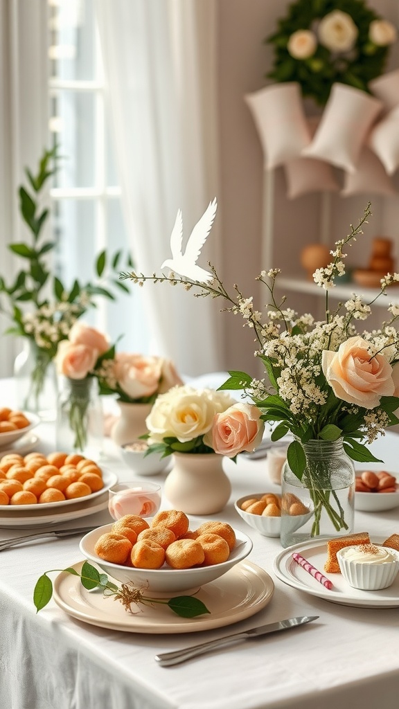 Elegant baby shower food table setup with flowers and treats