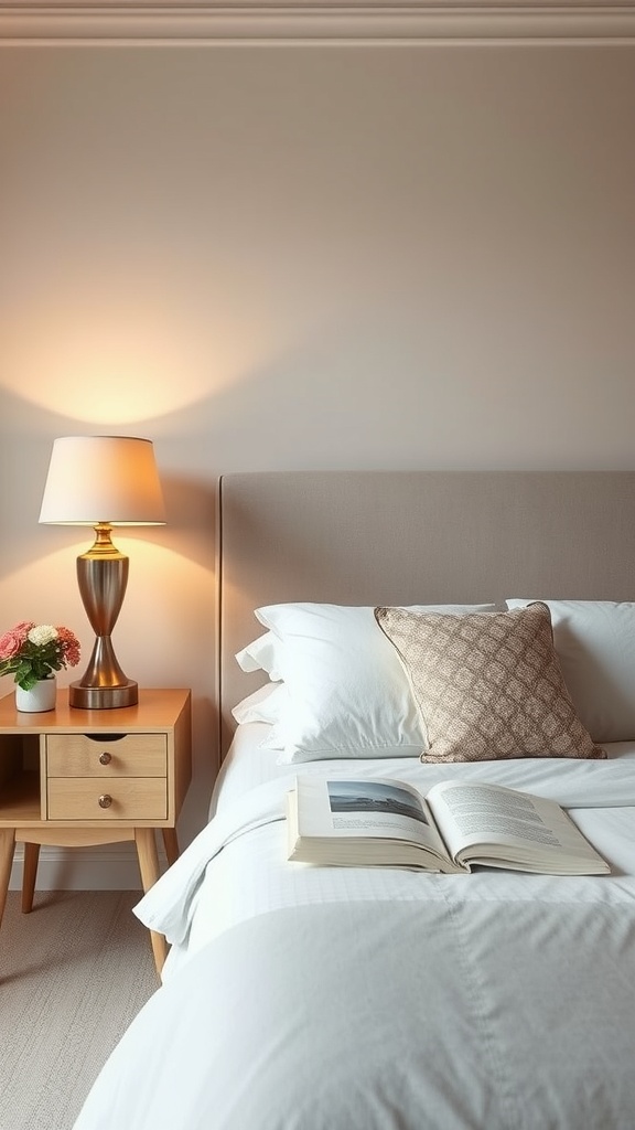 A cozy bedroom with a stylish table lamp emitting warm light, a nightstand with flowers, and an open book on the bed.