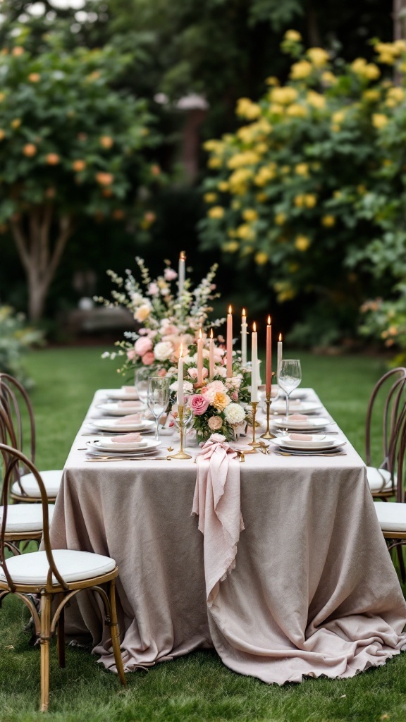 Elegant backyard engagement party table setting with flowers and candles.