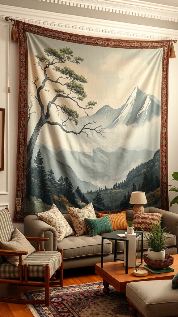 A cozy living room with a mountain-themed tapestry wall hanging, surrounded by comfortable furniture and decorative pillows.