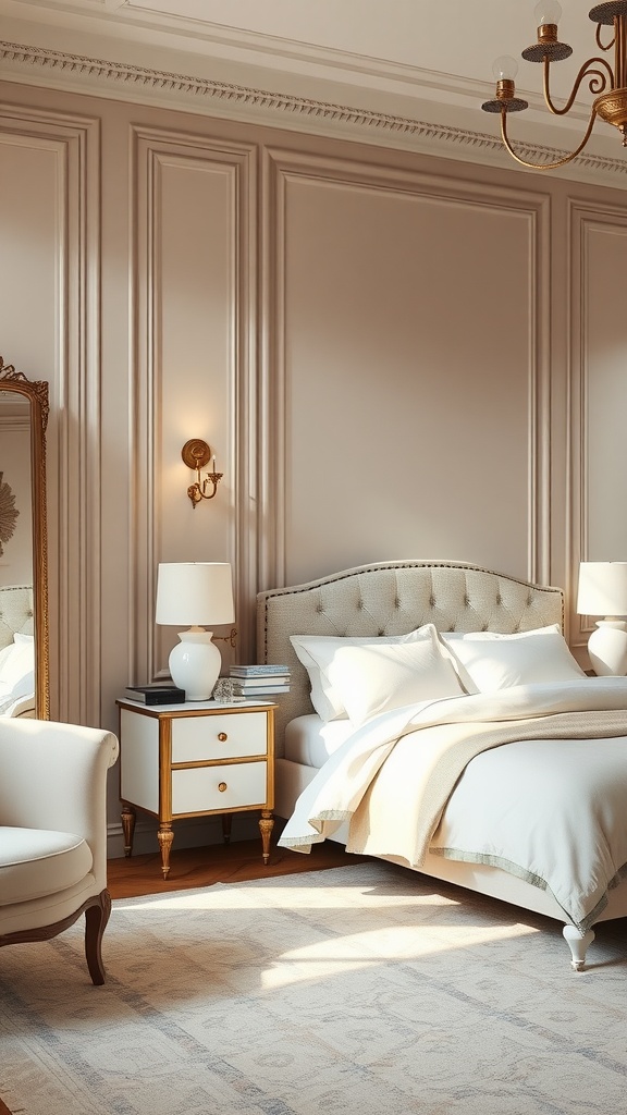 A taupe bedroom featuring a white bed, upholstered headboard, and elegant decor.