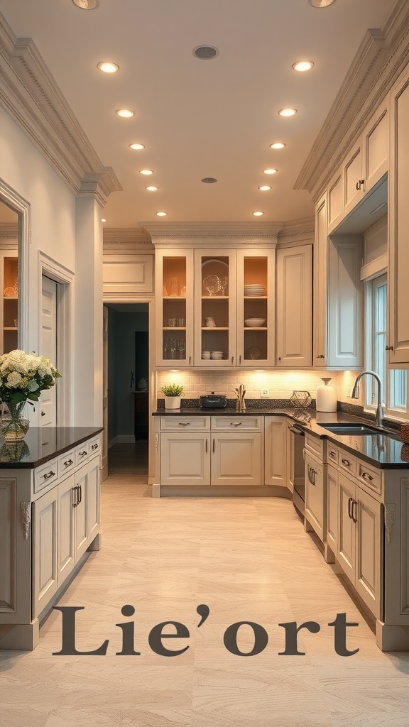 A spacious traditional kitchen with cream colored cabinetry, black countertops, and warm lighting.