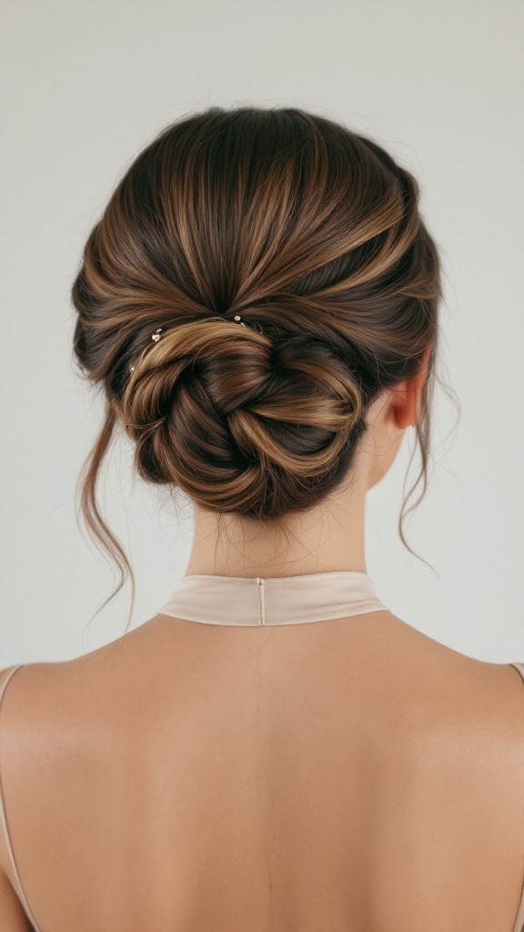 A beautiful updo hairstyle featuring elegant twists and delicate pins, perfect for pairing with a high neck dress.