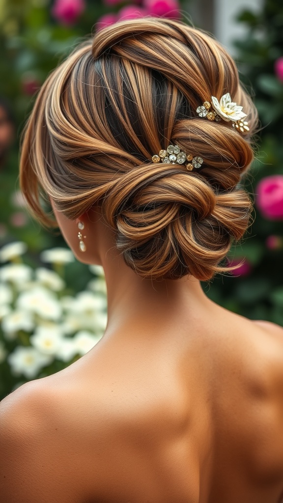 Elegant twist hairstyle adorned with hair accessories, complemented by a floral background.