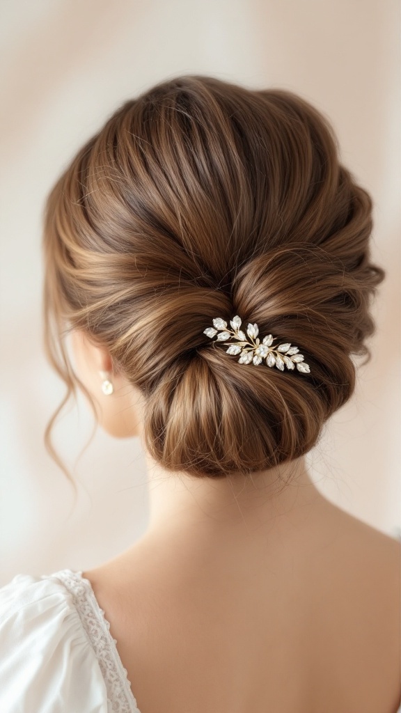 A twisted chignon hairstyle secured with a decorative claw clip