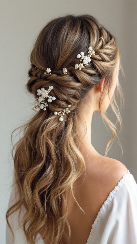 A woman with a twisted half up half down hairstyle adorned with floral hair accessories, showcasing soft waves.