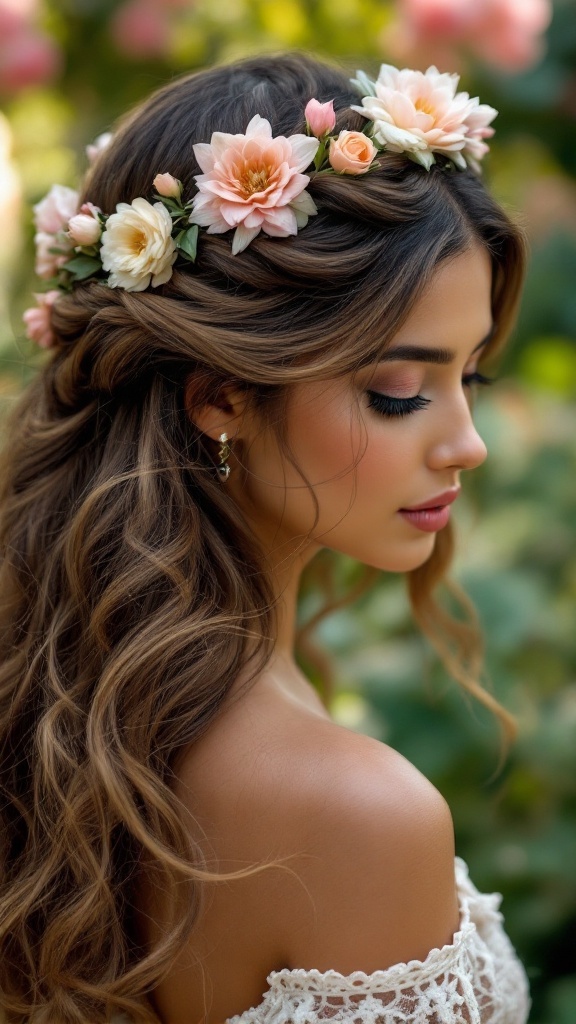 A woman with medium length curly hair styled in a twisted crown, adorned with flowers.